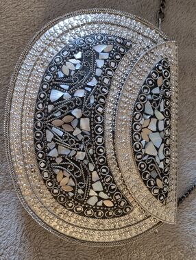 Silver Mosaic Embellished Crescent Crossbody Bag